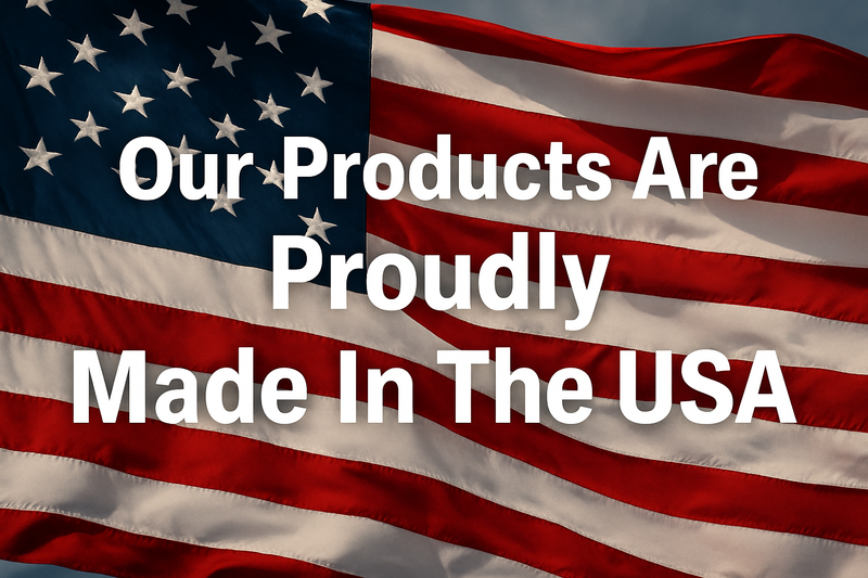 Make a picture of An american flag in the background and it says "Our Products Are Proudly Made In The USA"